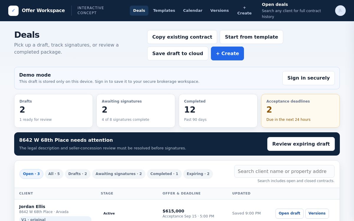 OfferSetGo dashboard showing contracts, deadlines, and deal statuses